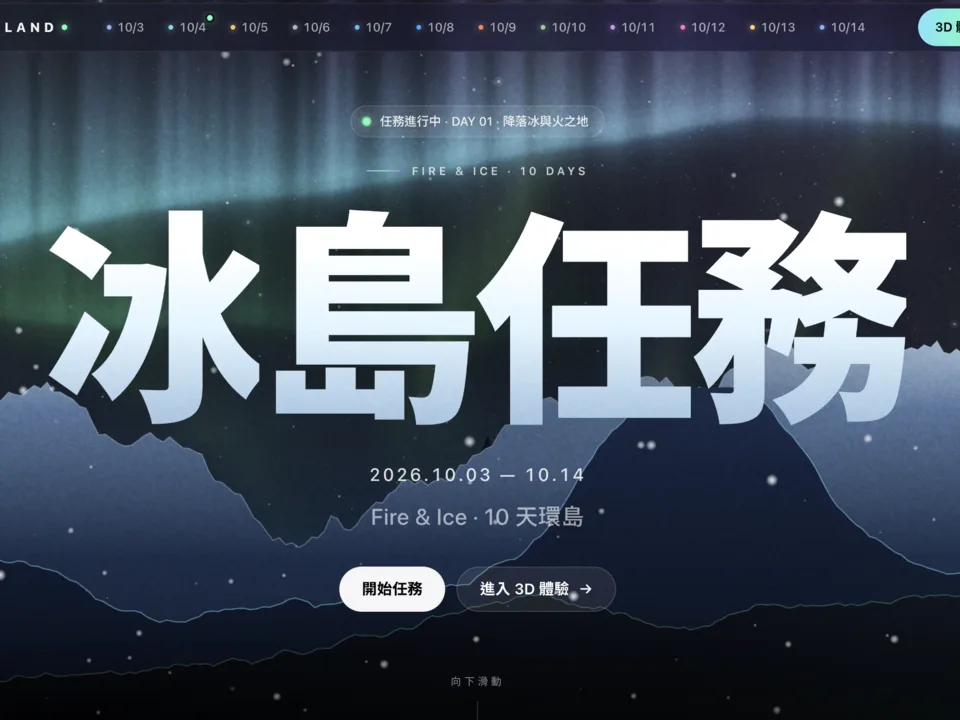 冰島任務的首頁:極光與雪山的背景,大字標題,上方一排每天的日期