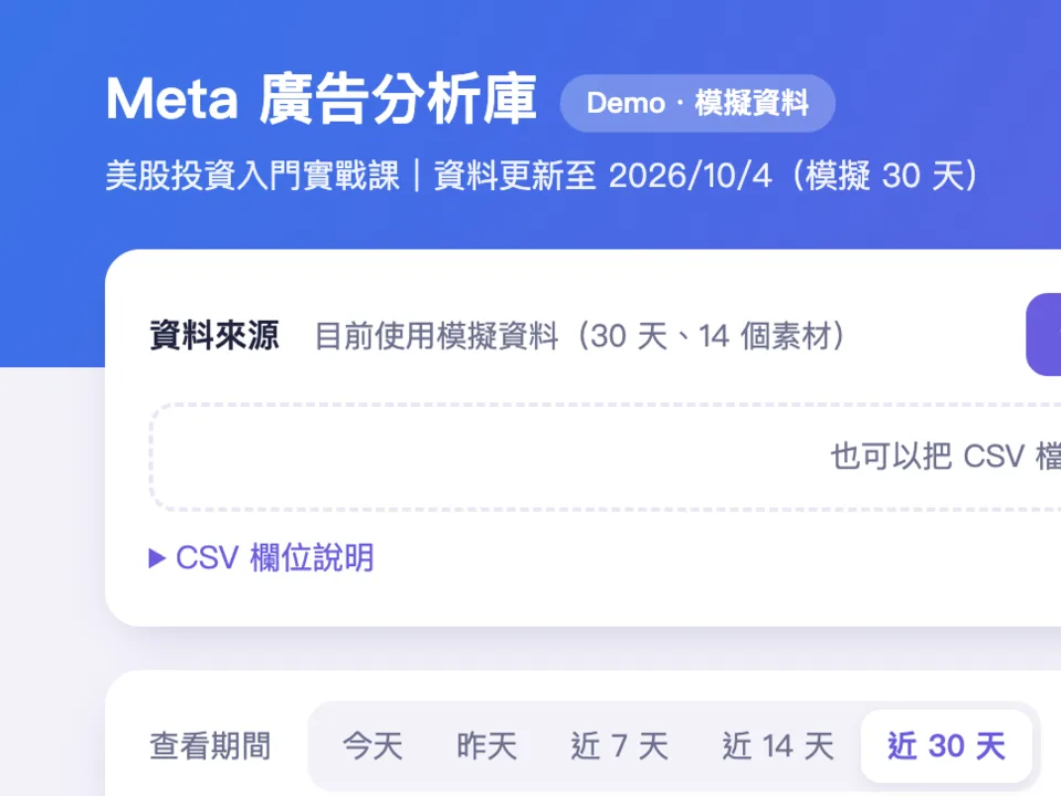 Meta 廣告分析庫的畫面:資料來源、查看期間的選項