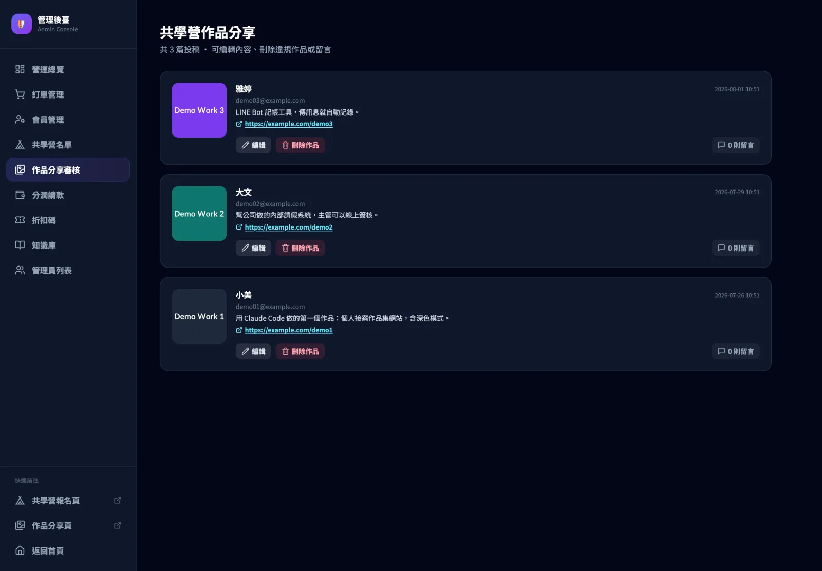 作品分享審核功能畫面